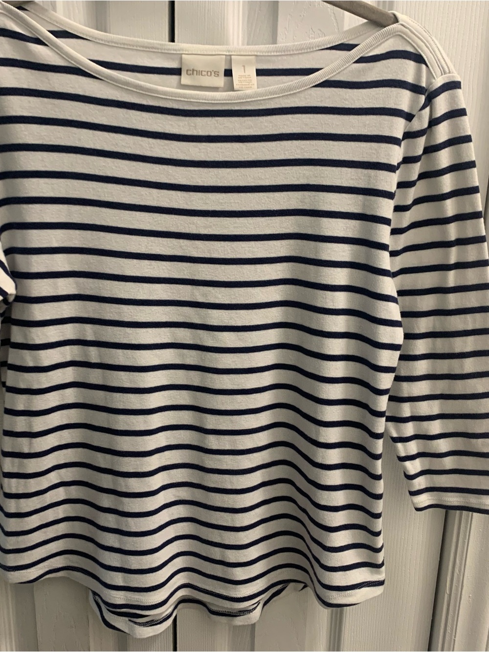 Classic French Bateau Neck style Shirt with Navy Stripes by Chicos sz 1.